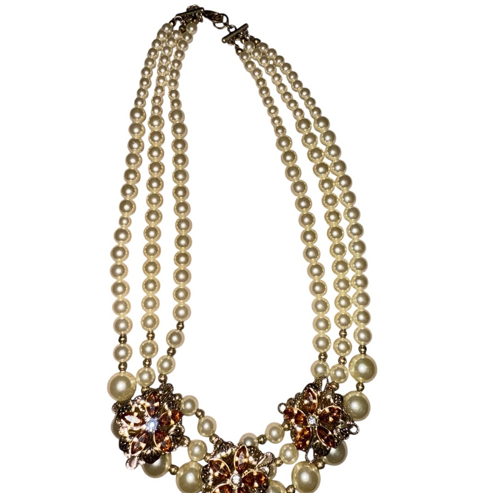 Elegant Pearl and Gold Cluster Rhinestone Floral Necklace
